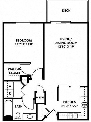 Floor plan for 1 bed, 1 bath, 765 sqft