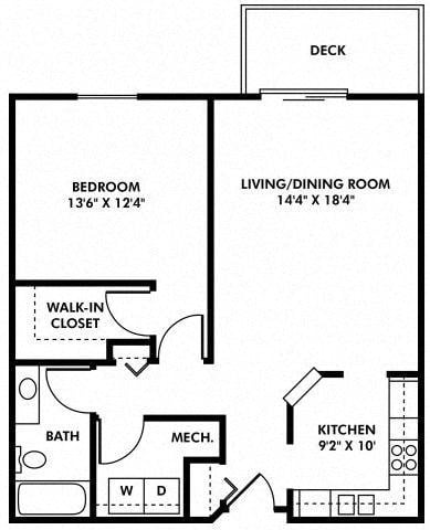 Floor plan for 1 bed, 1 bath, 870 sqft
