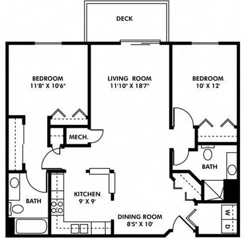 Floor plan for 2 beds, 2 baths, 1050 sqft