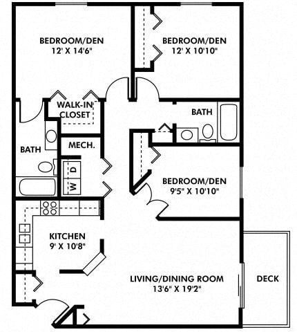 Floor plan for 3 beds, 2 baths, 1249 sqft