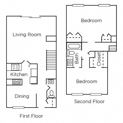 Floor plan for 2 beds, 1.5 baths, 1217 sqft