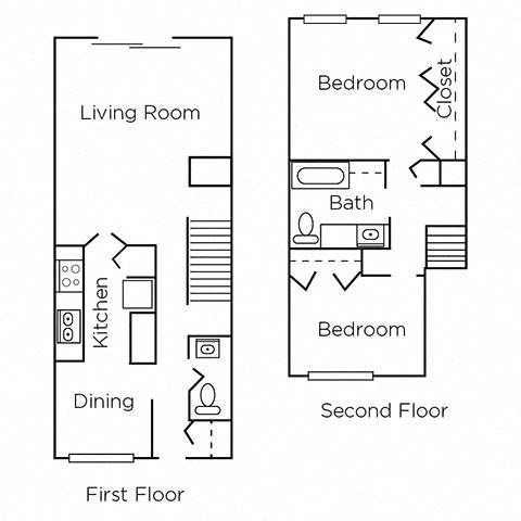 Floor plan for 2 beds, 1.5 baths, 1068 sqft