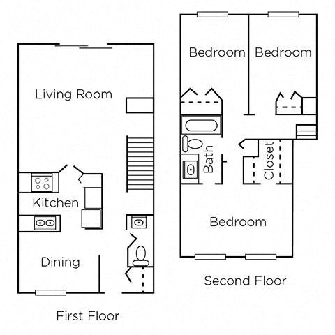 Floor plan for 3 beds, 1.5 baths, 1217 sqft