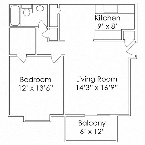 Floor plan for 1 bed, 1 bath, 690 sqft