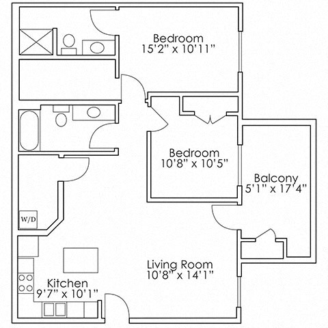 Floor plan for 2 beds, 2 baths, 1050 sqft