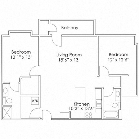 Floor plan for 2 beds, 2 baths, 1200 sqft