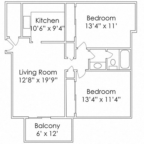 Floor plan for 2 beds, 1 bath, 860 sqft