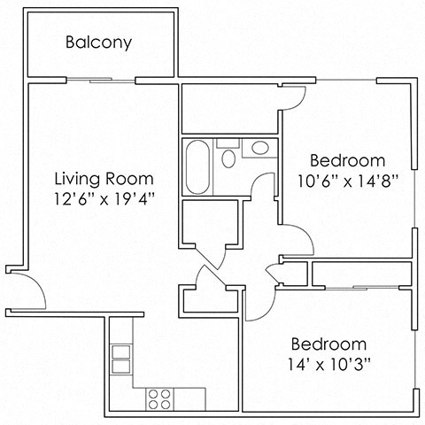 Floor plan for 2 beds, 1 bath, 875 sqft