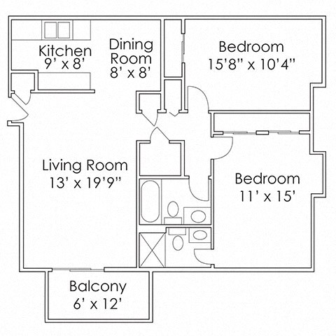 Floor plan for 2 beds, 2 baths, 950 sqft
