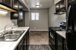 Omaha apartment for rent - the kitchen of a home with black appliances and a sink