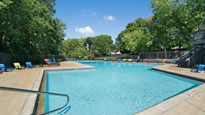 Saint Louis apartment for rent - A large swimming pool surrounded by trees and lounge chairs.