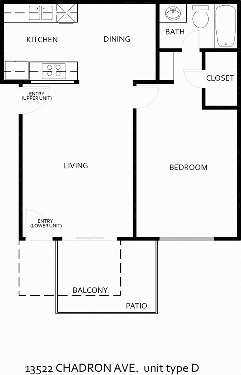 Floor plan for 1 bed, 1 bath, 665 sqft