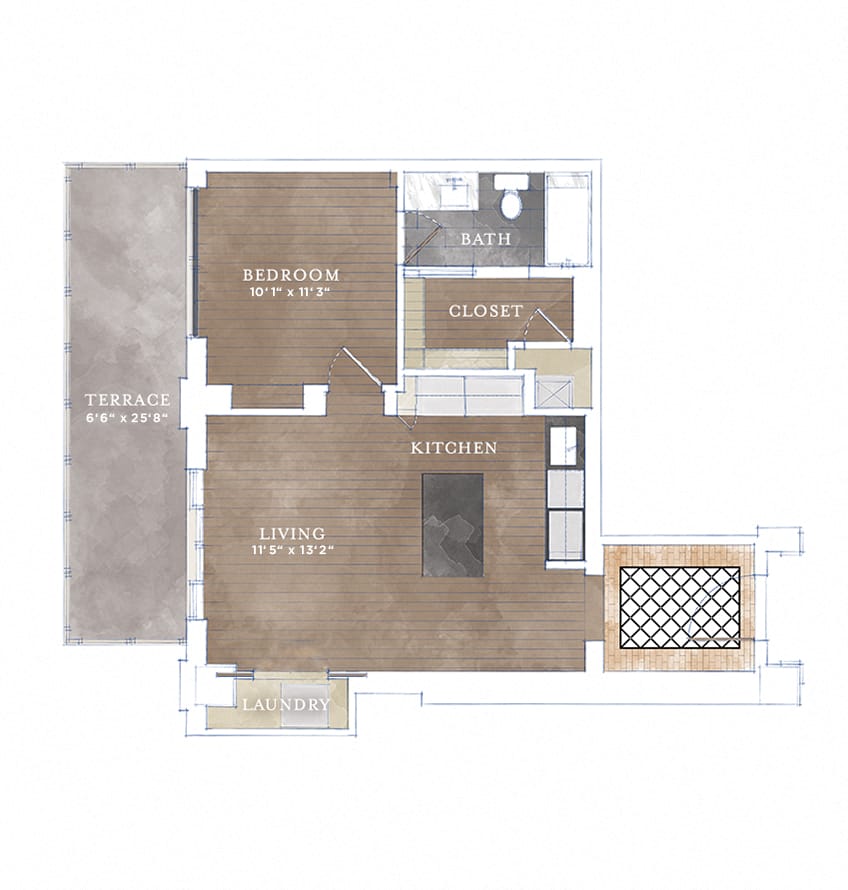Floor plan for 1 bed, 1 bath, 650 sqft
