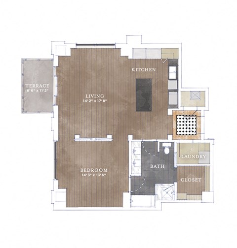 Floor plan for 1 bed, 1 bath, 967 sqft