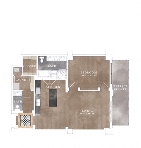 Floor plan for 1 bed, 1.5 baths, 1092 sqft