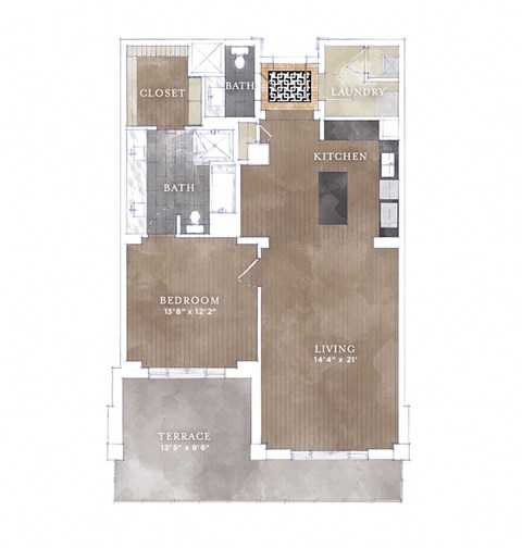 Floor plan for 1 bed, 1.5 baths, 1118 sqft