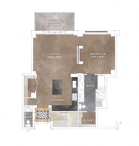 Floor plan for 1 bed, 1.5 baths, 993 sqft