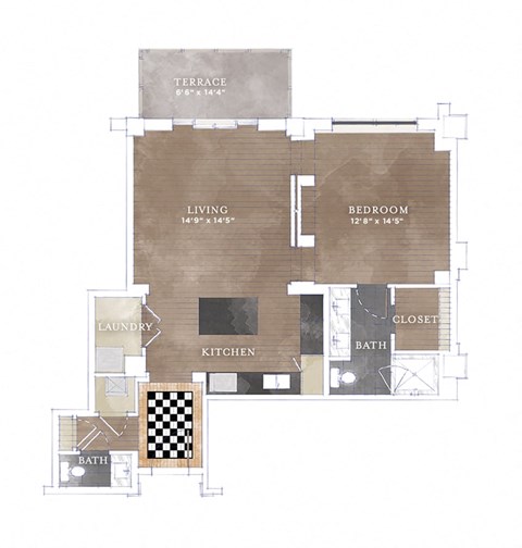 Floor plan for 1 bed, 1.5 baths, 914 sqft