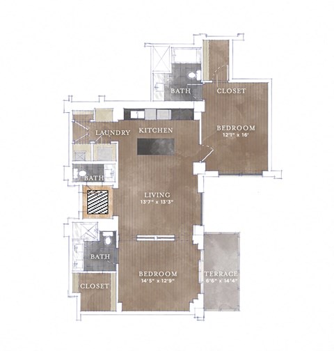Floor plan for 2 beds, 2 baths, 1192 sqft