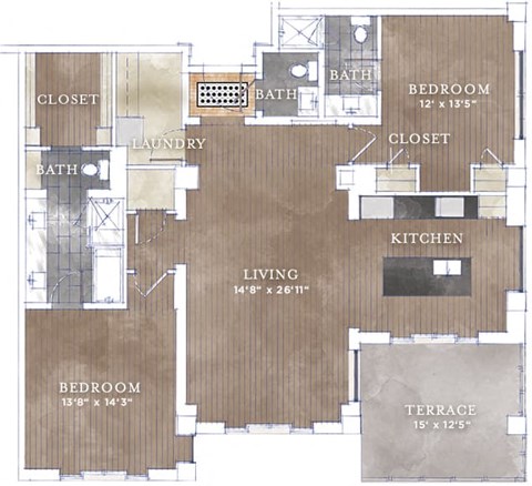 Floor plan for 2 beds, 2.5 baths, 1566 sqft