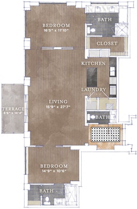 Floor plan for 2 beds, 2.5 baths, 1438 sqft