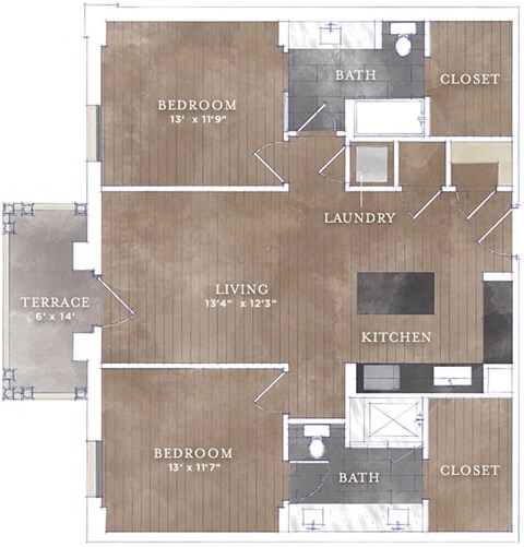 Floor plan for 2 beds, 2 baths, 1126 sqft