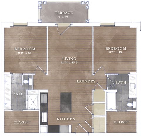 Floor plan for 2 beds, 2 baths, 1126 sqft