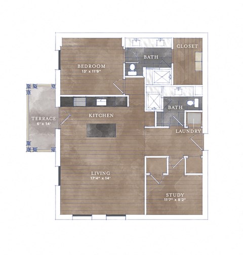 Floor plan for 1 bed, 2 baths, 1126 sqft
