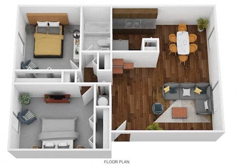 Floor plan for 2 beds, 1 bath, 874 sqft