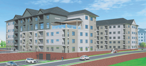 Portland apartment for rent - A rendering of a multi-story building with a mix of beige and dark grey exterior.