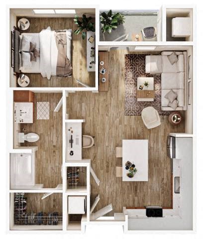Floor plan for 1 bed, 1 bath, 748 sqft