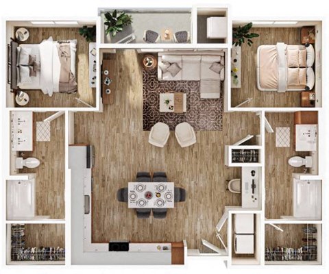 Floor plan for 2 beds, 2 baths, 1040 sqft