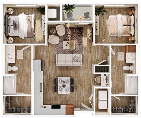 Floor plan for 2 beds, 2 baths, 1107 sqft