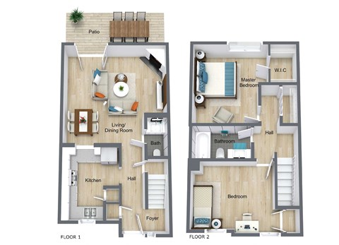 Floor plan for 2 beds, 1.5 baths, 1068 sqft