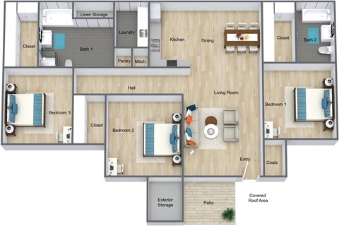 Floor plan for 3 beds, 2 baths, 1158 sqft