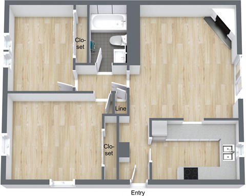 Floor plan for 2 beds, 1 bath, 1068 sqft