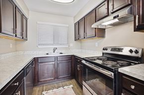 Raleigh apartment for rent - the kitchen of a home with dark wood cabinets and white countertops