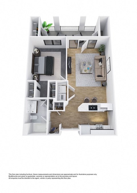 Floor plan for 1 bed, 1 bath, 735 sqft
