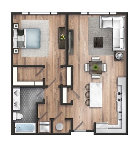 Floor plan for 1 bed, 1 bath, 831 sqft