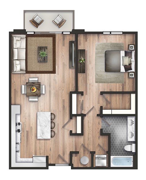 Floor plan for 1 bed, 1 bath, 850 sqft