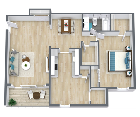Floor plan for 1 bed, 1 bath, 978 sqft