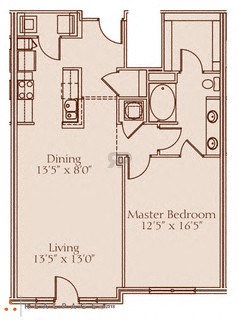 Floor plan for 1 bed, 1 bath, 967 sqft
