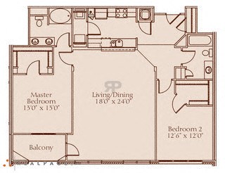 Floor plan for 2 beds, 2 baths, 1365 sqft