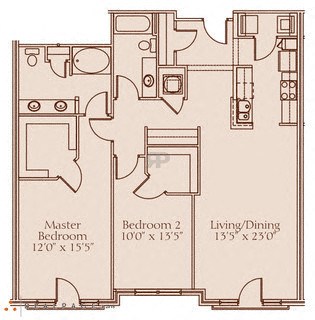Floor plan for 2 beds, 2 baths, 1312 sqft