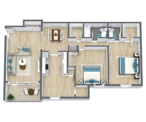 Floor plan for 2 beds, 1.5 baths, 1224 sqft
