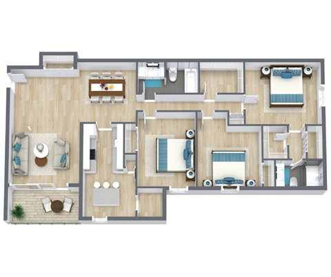 Floor plan for 3 beds, 2 baths, 1323 sqft