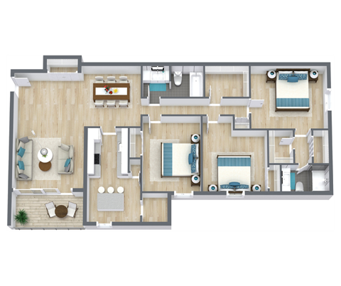 Floor plan for 3 beds, 2 baths, 1392 sqft