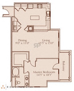Floor plan for 1 bed, 1 bath, 1048 sqft