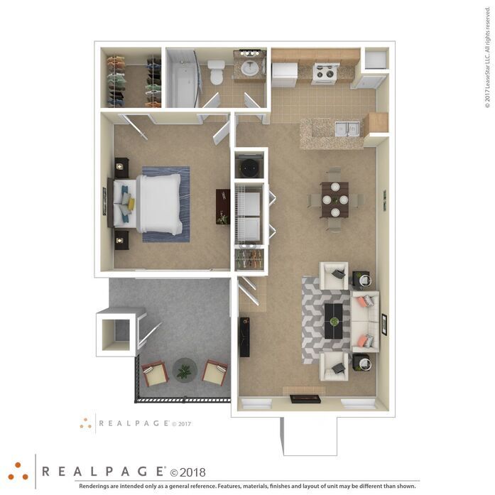 Floor plan for 1 bed, 1 bath, 688 sqft