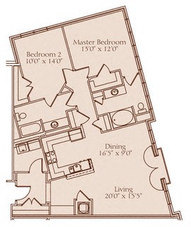 Floor plan for 2 beds, 2 baths, 1256 sqft
